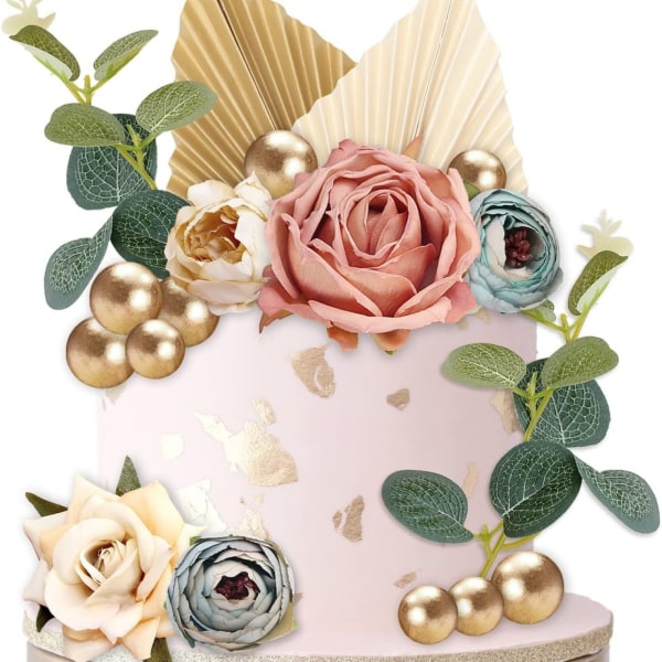 Bohemisk tema palmblad pappersfläkt ros blomma simulering blomma födelsedagsfest tårta DIY dekoration rekvisita