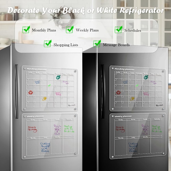 Magnetisk avtorkningsbar kalender 2-pack 40 x 30 cm, veckoplanerare månadsplanerare akryl transparent magnetisk whiteboard tidsschema kan torkas av för kylskåp 400*300 vecko- och månadskombination