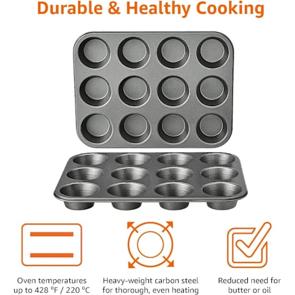 /EA/Nonstick Rund Muffinplade i Kulstofstål, 2-pak, Grå-max