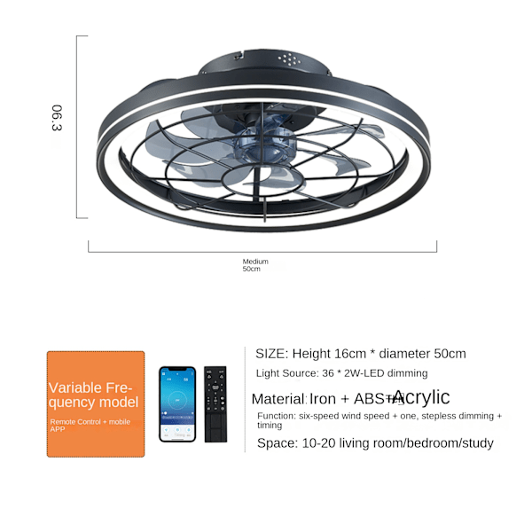 48 cm tyst takfläkt med ljus och fjärrkontroll, dimbar modern takfläktlampa med vändbar likströmsmotor, sovrum, kök takfläkt black