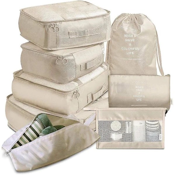 8-pack Organizer Set för Resväskor, Förvaringsväskor, Packningskuber, Resepåsar, Presenter Beige