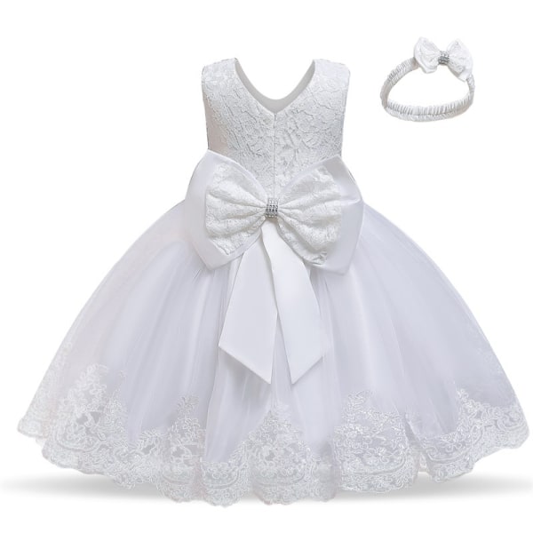 Baby Girl Spets Broderiklänning Rosett Festklänning Brudtärna Bröllopsklänning Med Tiara White 120cm
