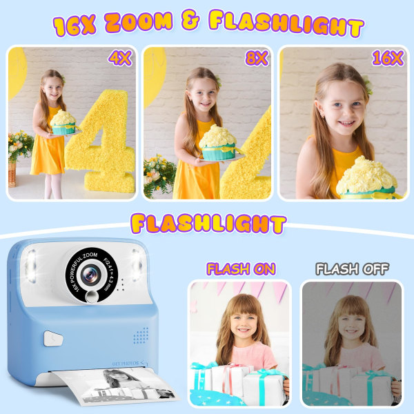 Kids Camera Instant Print, 1080P Instant Camera, 2,4" skärm barnkamera med 32 GB kort 3 rullar print Pink