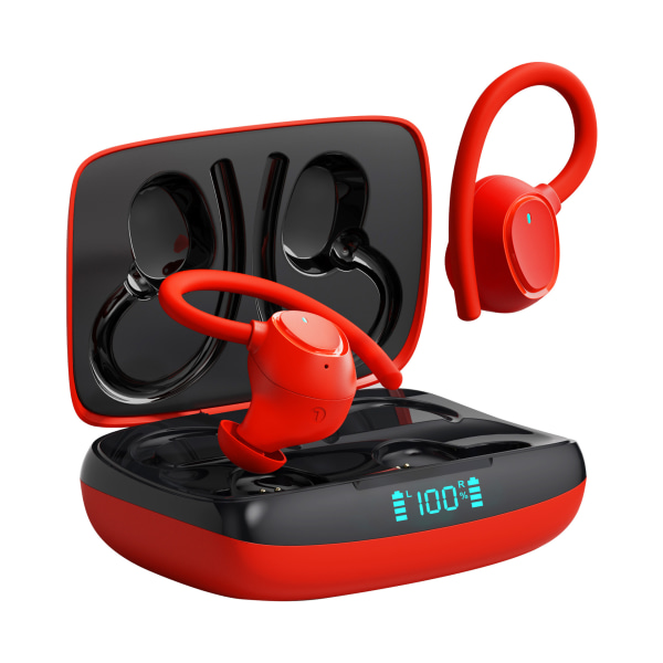 Trådlösa hörlurar, trådlösa hörlurar som kör Bluetooth 5.3 hörlurar med mikrofon, trådlösa hörlurar IP7 vattentäta öronkrokar, brusreducerande öron 48H Röd