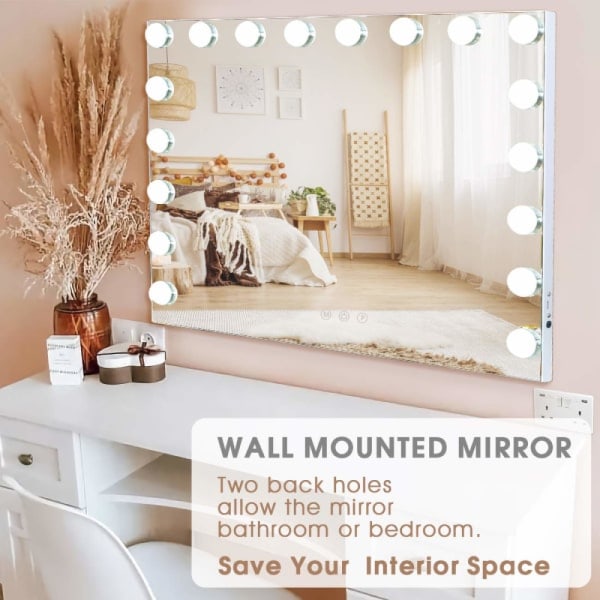 Stort Hollywood make-up spejl med lys USB Bordplade Vægbeslag Tre-farvet lys vægmonteret model 50x40 cm