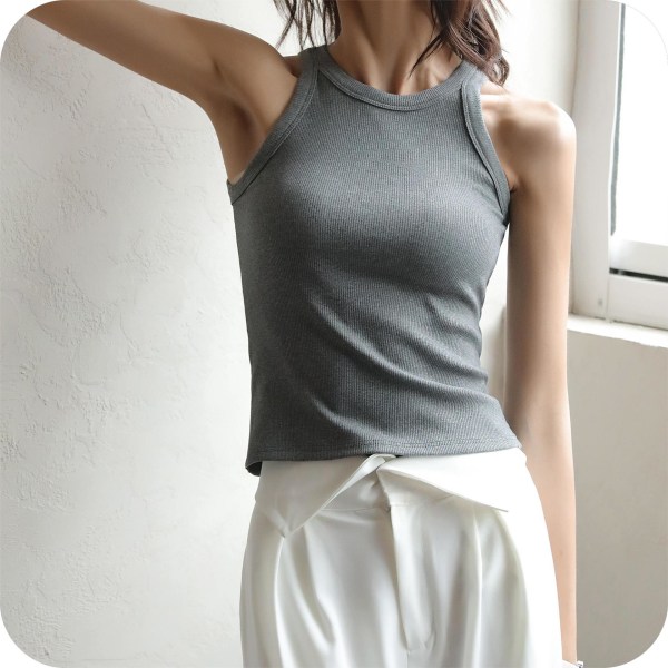 Kort gjenget camisolevest med svart bunn for kvinner om sommeren, ermeløs design for indre slitasje og trendy for ytre slitasje Regular light gray (1 piece) XL