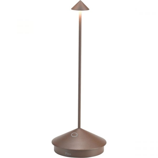 Zafferano Pina Pro - Dimbar LED-bordslampa i aluminium, IP54-skydd, för inomhus-/utomhusbruk, Plug-in laddningsbas, H29cm, EU-kontakt - Corten-WELLNGS