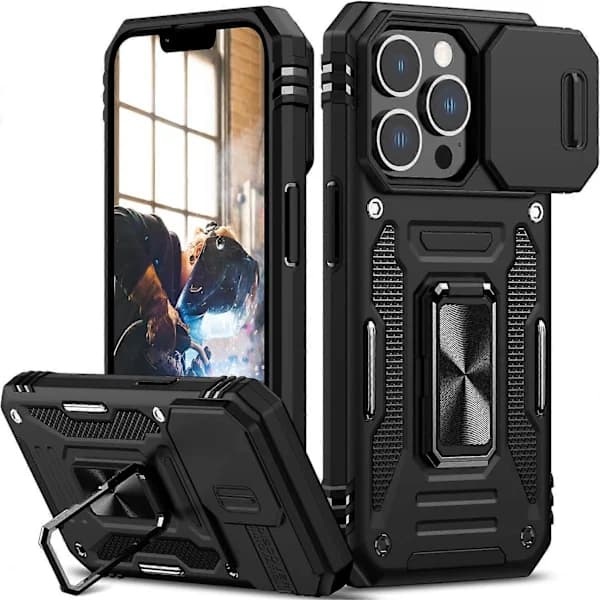 /EA/iPhone 13 Pro Skal med Skjutbart Kameraskydd, Falltestat, Militärklass, Robust, Hållbart, Svängbart Ringstativ, Telefonfodral (Svart)