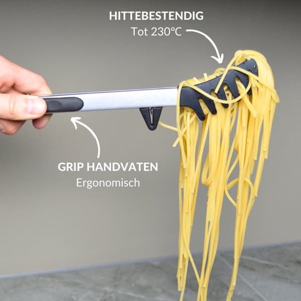 Spaghettitang Fødevaregodkendt Silikone og Rustfrit Stål Med Støttefødder til Servering og Madlavning af Pasta 34 cm Sort