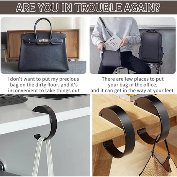 /EA/2-pack Bordsväskhållare - C-formad Kraftig Bordsinsats - Höghållfast Legering - Väskkrokar