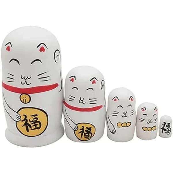 /EA/5 stk. Matryoshka-dukker, Rusland, Stabelbare, Nesting Dolls, Søde Nesting Dolls, Nesting Kattedukker, Trædukker, Lykkekat