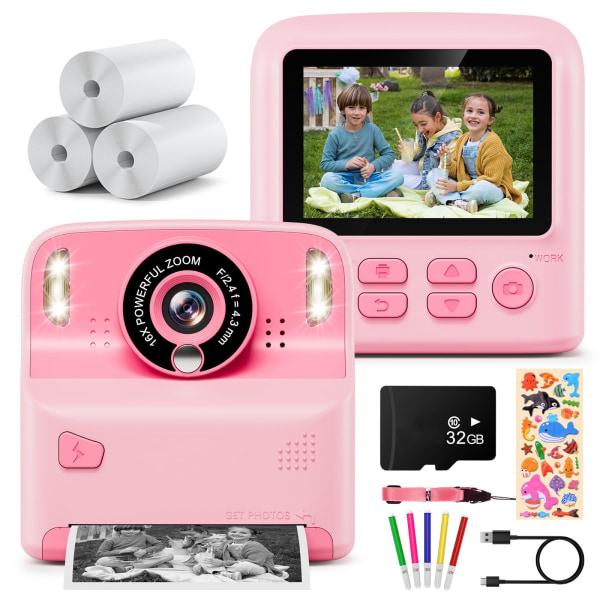 Kids Camera Instant Print, 1080P Instant Camera, 2,4" skärm barnkamera med 32 GB kort 3 rullar print Pink