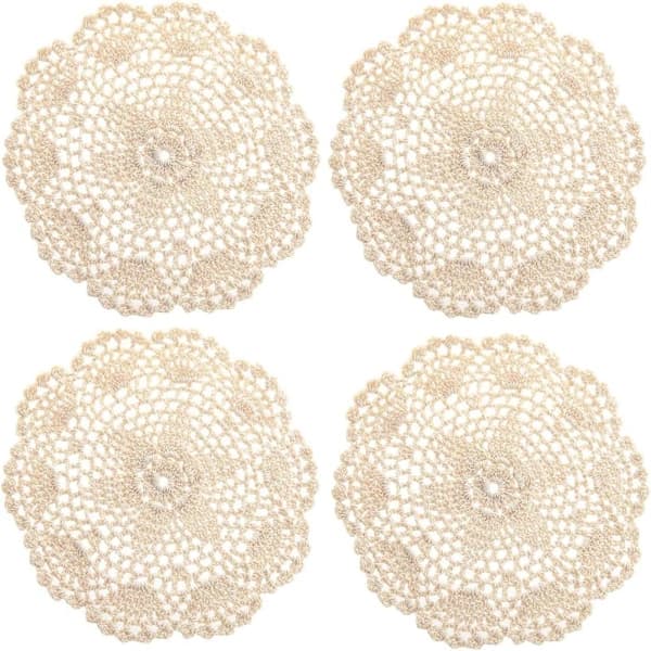 Handgjorda virkade bomullsdukar, spetsunderlägg, ca 20 cm, 4-pack (beige)
