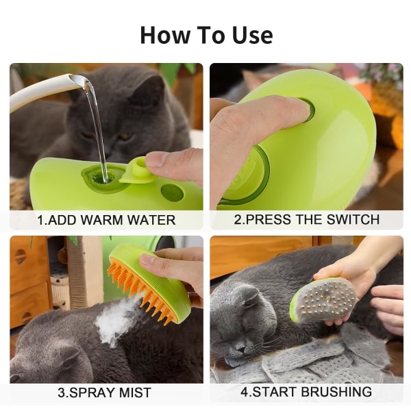 Steam Cat Brush - 3-i-1 Cat Steam Brush, självrengörande Steam Cat Brush för massage, för att ta bort trassel och löst hår (grönt)