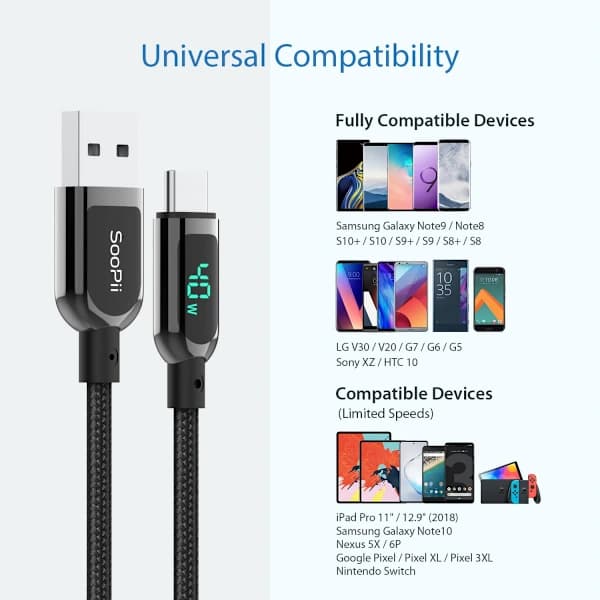 /EA/USB C-kabel, 4ft 40W/5A PD snabbladdningskabel typ C med LE