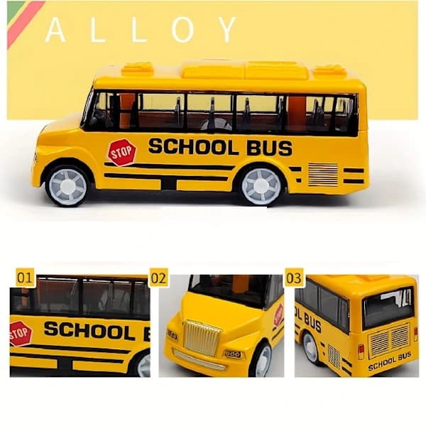 Skolebuss i metall, legeringsbilmodell, legering pull-back buss lekebildekorasjon Gul
