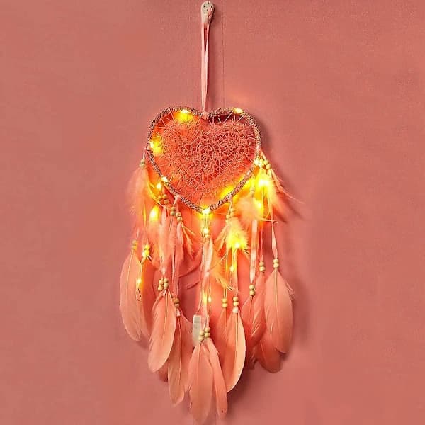 /EA/Hjerteformet drømmefanger i boho-stil, håndlavet LED-lysvægdekoration