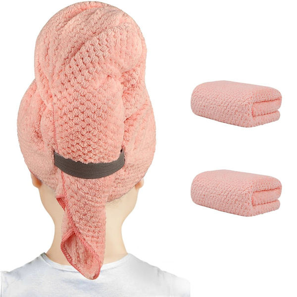 2-pack Stor Hårhandduk i Mikrofiber för Kvinnor, Rosa - Supermjuk, Snabbtorkande Turbaner för Långt, Tjockt, Lockigt Hår - Anti-frizz Wrap med Elastiskt Band Pink 2pcs