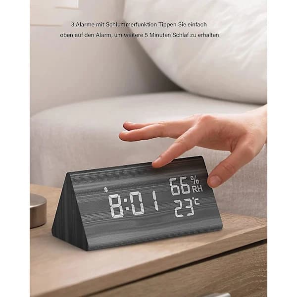 /EA/Digital väckarklocka i trä med röststyrning, snooze, datum, temperatur/luftfuktighet för sovrum/sängbord