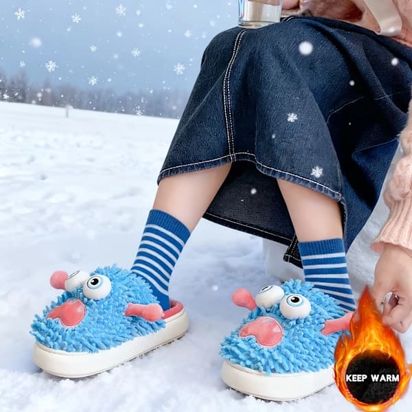 Unisex Vintertofflor för Inomhusbruk - Plyschfleecefoder & Förtjockat Sammetsfoder, Mjuka Slip-On Hustomtar med Söt Tecknad Design (Rosa... Blå...