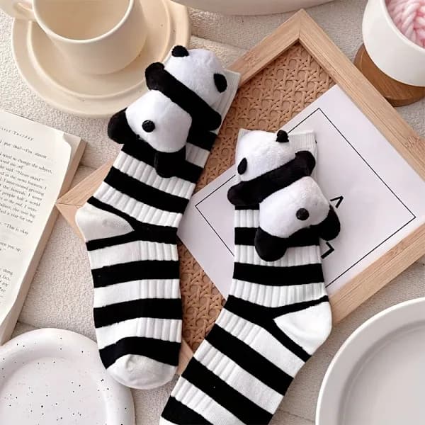 Søde 3D Panda Dukke Sokker - Japansk Anime Panda Stribet, Kun Håndvask Sort