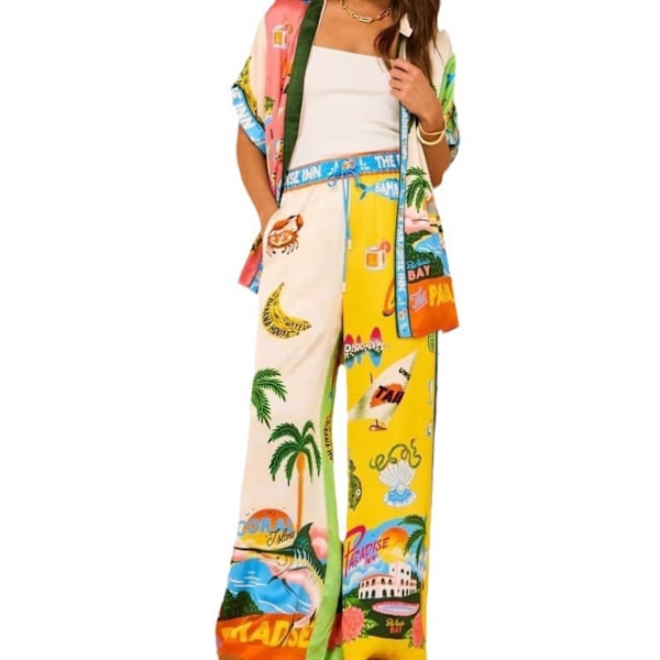 Dam Sommar Tryckt Tvådelad Pyjamas Set Kortärmad Knapptopp Dragsko Byxor Pyjamas Set Color XXL