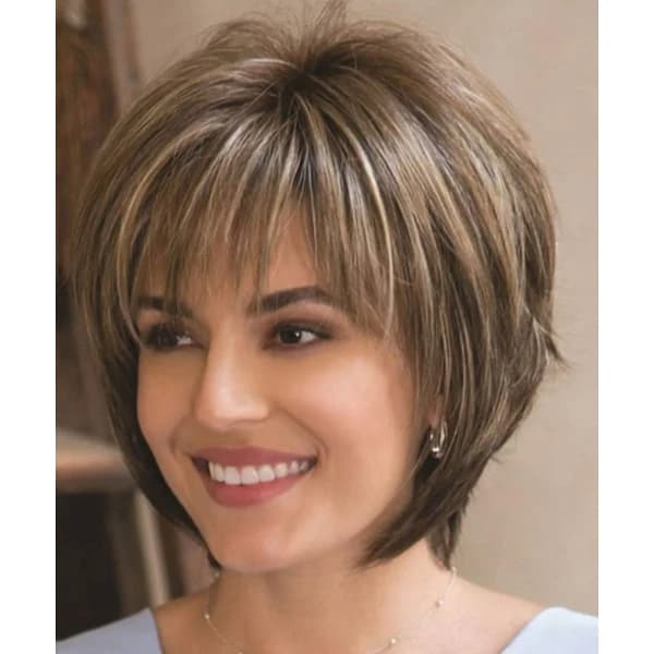 /EA/Kort hår peruk med lugg mörkbrun blandad blond pixie cut peruk
