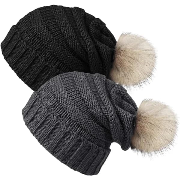 /EA/2 st Vintermössa för kvinnor med pompom, varm stickad mössa med fleece