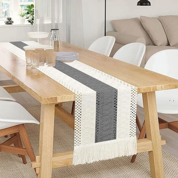 /EA/1 stk. 30 × 180 cm (Grå) Bomuldslinned bordløber, Khaki Boho Croc
