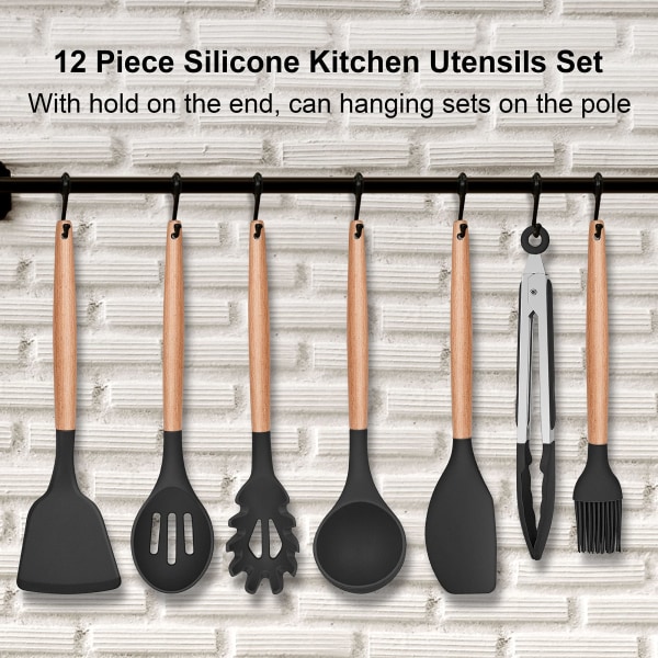 Köksredskap i silikon Set om 11, stora köksredskap med trähandtag, spade, spatel, äggvispar, förvaringslåda Black