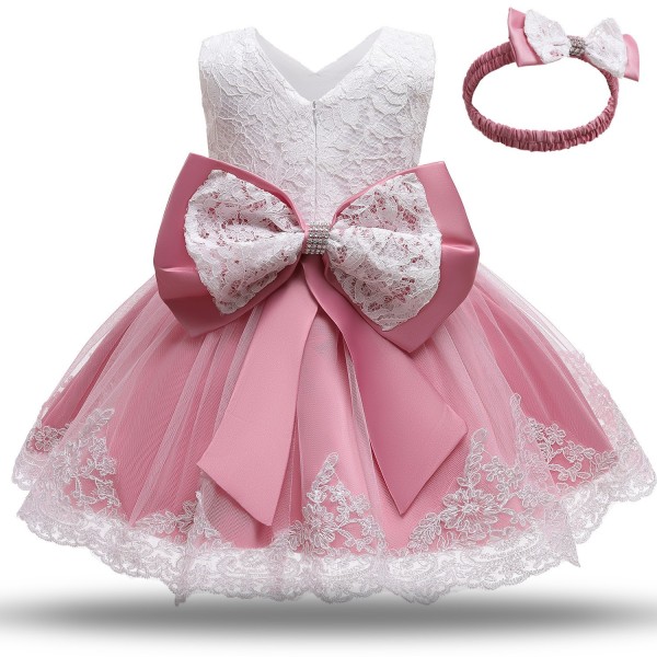 Baby Girl Spets Broderiklänning Rosett Festklänning Brudtärna Bröllopsklänning Med Tiara Light pink 80cm