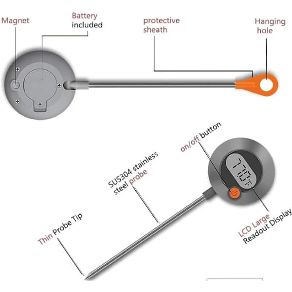 /EA/Kötttermometer, Grilltermometer, Digital Termometer för Matlagning, Stektermometer, Snabbavläsning, Vattentät, LCD-skärm, Magnet, Köksverktyg