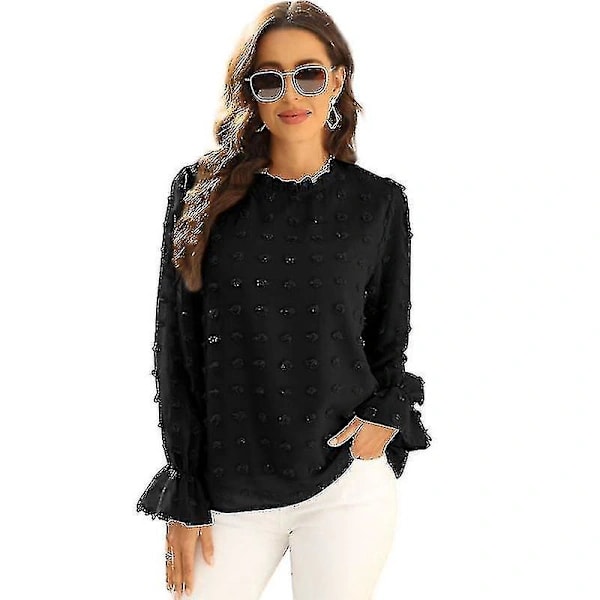 /EA/Chiffon flæse krave bluse, langærmet afslappet pullover top - Sort XL