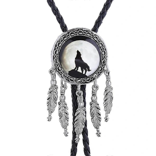 /EA/Western Wolf Head Feather Bolo Tie