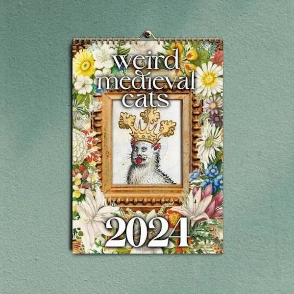 Weird Medieval Cats Calendar, Funny Weird Medieval Cat Calendar 2024,Cat Wall Weird 1 st