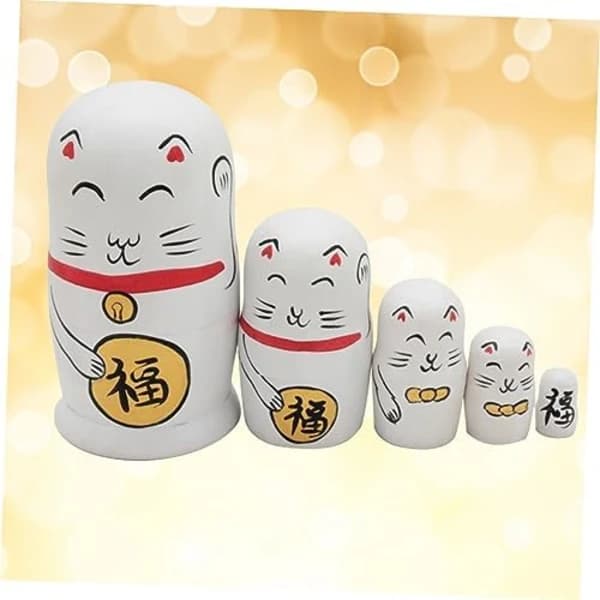 /EA/5 stk. Matryoshka-dukker, Rusland, Stabelbare, Nesting Dolls, Søde Nesting Dolls, Nesting Kattedukker, Trædukker, Lykkekat