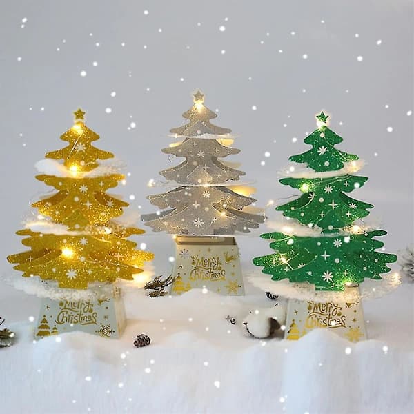 /EA/Julepynt Mini Desktop Juletrekort Pynt Glitrende Juletre Med Lyssett - Sølvlys