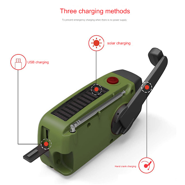 Vevradio med mobilladdare, solpanel, ficklampa, powerbank, SOS, 1-P, grön