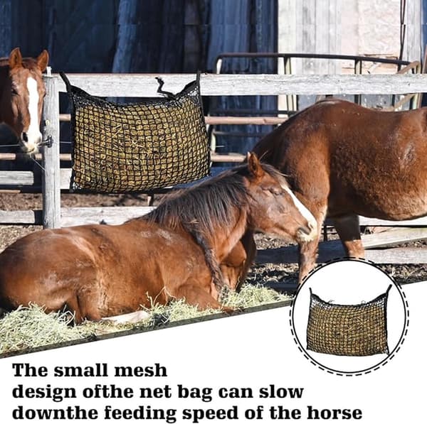 Hest Hønet Langsom Foderautomat, Kraftig Polyester Knudeløst Hængende Fodernet til Staldtrailer, Sort 90 x 80 cm
