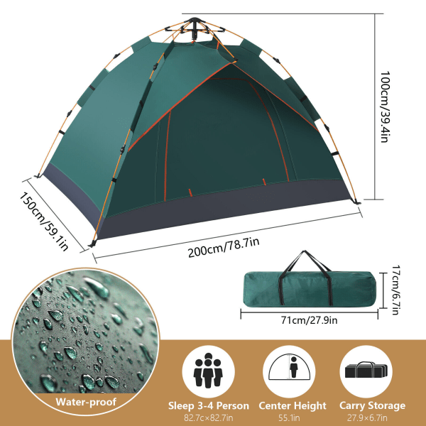 3-4 mans automatiskt instant dubbellager pop-up campingtält vattentätt utomhus