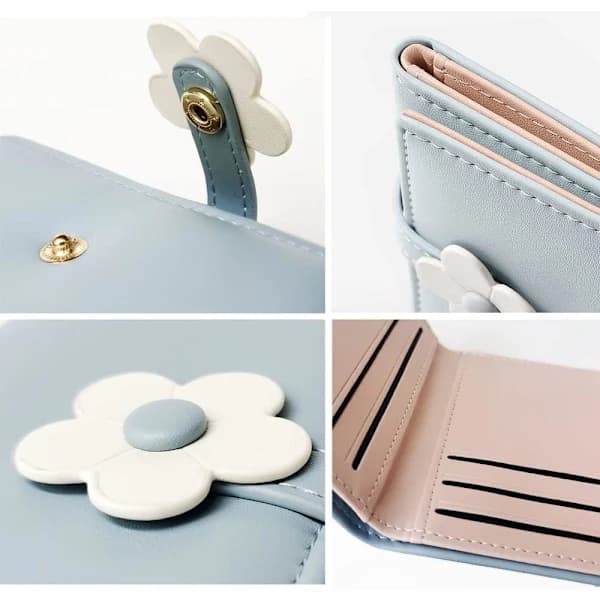 /EA/Blå blomstret tri-fold damepung, kontantpung