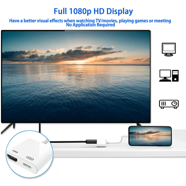 Lightning till HDMI-adapter [Apple MFi-certifierad], ingen power behövs 1080P-skärmkonverterare med Lightning-laddningsport, iPhone till HDMI-adapterkompatibel A
