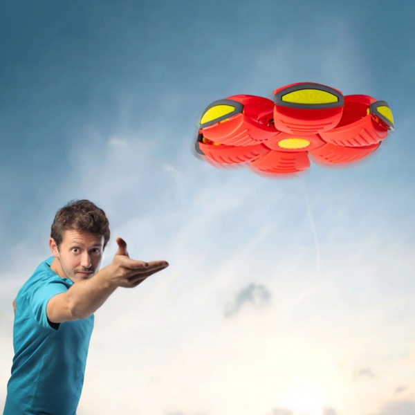 Flygande fotboll Magic UFO-boll, frisbeetransformerande platt kastskiva med LED-ljus, luftfjädrande frisbeebollleksak för småbarn och barn (2-pack) red