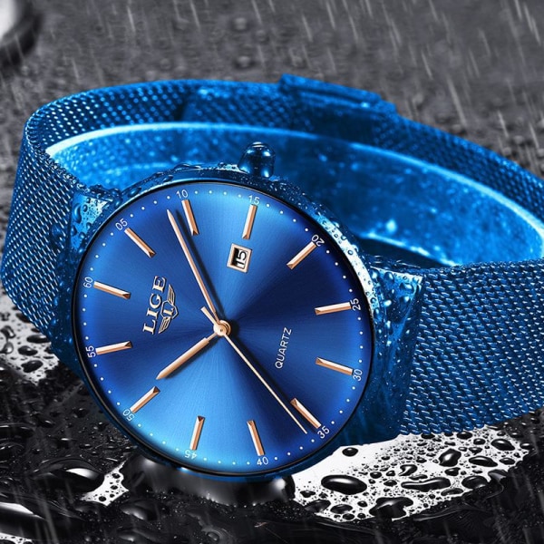 Julegaver Herreure Sort Slankt ur i rustfrit stål Mode Simpelt ur til mænd Business Wear Analog Quartz Armbåndsur blå