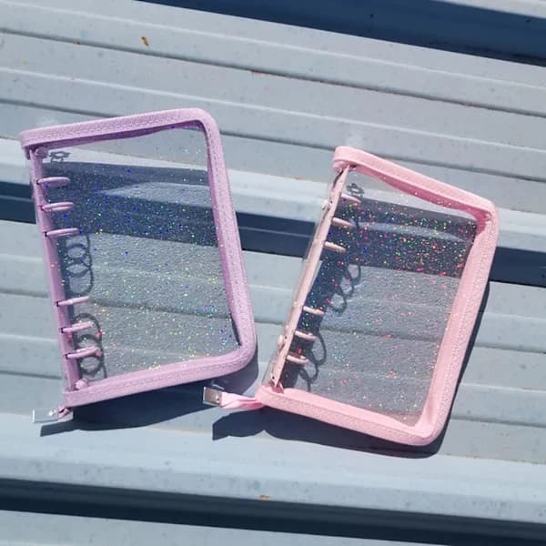 A6 Ringbind Omslag Transparent PVC Notesbog Skal med Lynlås Glitter Planner Ringbind Mappe Sparkling Budget Ringbind til Kontant Budget System Pink A6