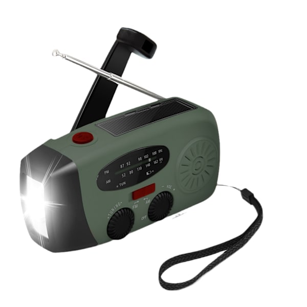 Vevradio med mobilladdare, solpanel, ficklampa, powerbank, SOS, 1-P, grön