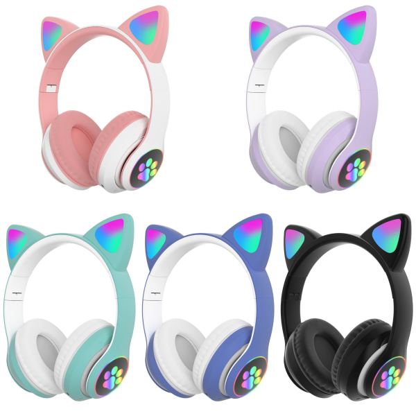 Trådløse hodetelefoner Over Ear Cat LED-lys Sammenleggbart musikkhodesett med for voksne og barn PC-TV-spill Musikkpad Laptop Cellph rosa