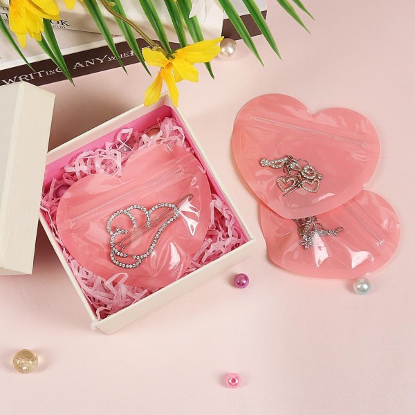 100 stk Hjerteformet smykkeveske Valentinsdag Rosa glidelåspose Bryllupsgodteripose 8,5*10 cm