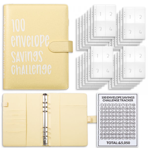 100 Konvolut Savings Challenge Binder, Sjov måde at spare $5.050, SavingsChallenges gul