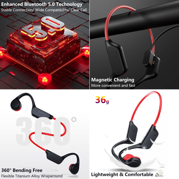 Trådlösa hörlurar Bluetooth IPX8 vattentäta hörlurar lämpliga för sport simning löpsim black red 32g
